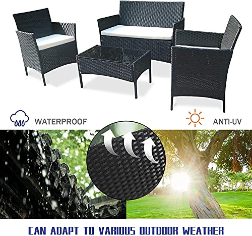 Bigzzia Juego de Muebles de Jardín de Ratán, 4 Piezas, Muebles de Ratán para Patio, Sofá de Tejido de Mimbre Incluye 2 Sillones, 1 Sofá de Doble Asiento y 1 Mesa