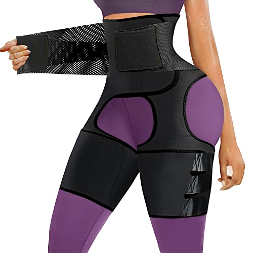 Bingrong Faja Cintura 3 en 1 para Mujer Cinturón Neopreno de Sudoración Entrenador de Cintura Fitness con Velcro Faja Deportiva para Piernas Waist Trainer (Negro, Large)