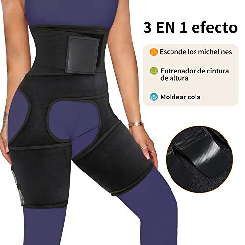Bingrong Faja Cintura 3 en 1 para Mujer Cinturón Neopreno de Sudoración Entrenador de Cintura Fitness con Velcro Faja Deportiva para Piernas Waist Trainer (Negro, Large)