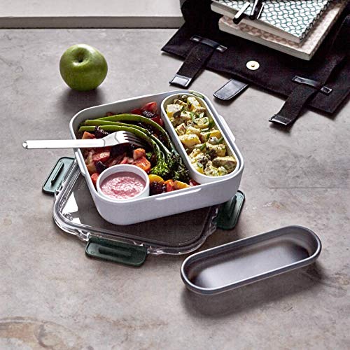 Black+Blum | Sin BPA, a prueba de fugas, apto para microondas Bento Box Style Compartimiento contenedor de alimentos, con tenedor de acero inoxidable, oliva, 1000 ml