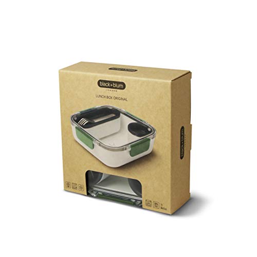 Black+Blum | Sin BPA, a prueba de fugas, apto para microondas Bento Box Style Compartimiento contenedor de alimentos, con tenedor de acero inoxidable, oliva, 1000 ml