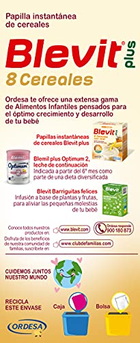 Blevit Plus 8 Cereales - Papilla de Cereales para Bebé con Harina de Avena y Harina de Trigo - Sin Azúcares Añadidos - Ayuda a regular el tránsito intestinal - Desde los 5 meses - 600g