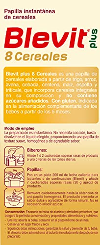 Blevit Plus 8 Cereales - Papilla de Cereales para Bebé con Harina de Avena y Harina de Trigo - Sin Azúcares Añadidos - Ayuda a regular el tránsito intestinal - Desde los 5 meses - 600g
