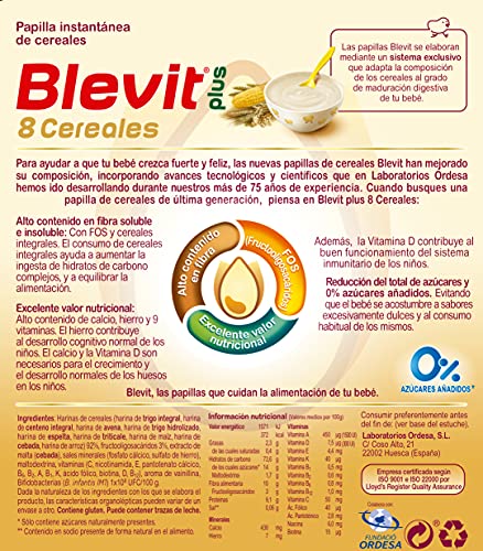 Blevit Plus 8 Cereales - Papilla de Cereales para Bebé con Harina de Avena y Harina de Trigo - Sin Azúcares Añadidos - Ayuda a regular el tránsito intestinal - Desde los 5 meses - 600g