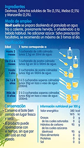 Blevit Sueño - Infusión Instantánea con Tila, Melisa y Manzanilla - Sin Gluten y Sin Azúcares Añadidos - Efecto Relajante - Para todas las Edades - 150g