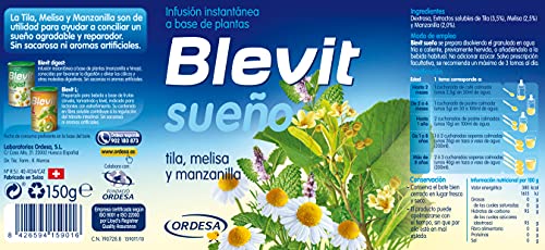 Blevit Sueño - Infusión Instantánea con Tila, Melisa y Manzanilla - Sin Gluten y Sin Azúcares Añadidos - Efecto Relajante - Para todas las Edades - 150g