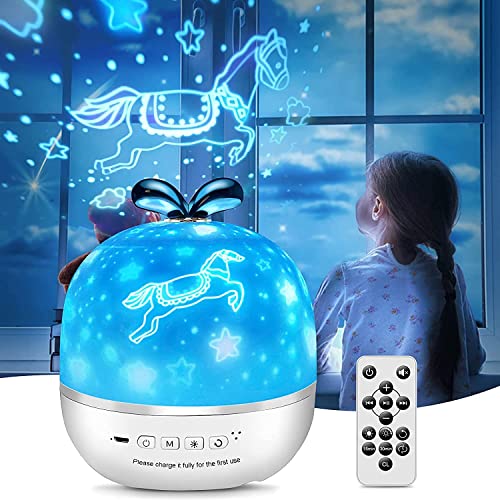 BNEHHOV Lámpara Proyector Infantil Lámpara Proyector Estrellas 6 Modos 360°Rotación con Control Remoto 8 Sonidos de Musica Relajante para Niños y Bebés Cumpleaños Vacaciones Romanticas Navidad