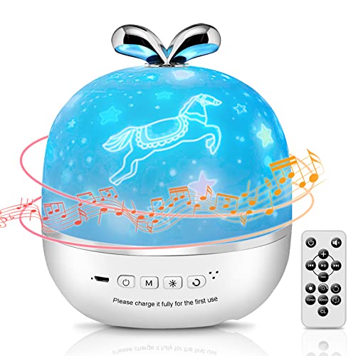 BNEHHOV Lámpara Proyector Infantil Lámpara Proyector Estrellas 6 Modos 360°Rotación con Control Remoto 8 Sonidos de Musica Relajante para Niños y Bebés Cumpleaños Vacaciones Romanticas Navidad