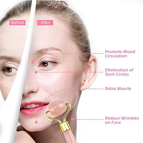 bobotron Rodillo de jade de cuarzo rosa para gua sha y masaje facial, herramienta para levantar la cara, guasha masaje con piedras preciosas