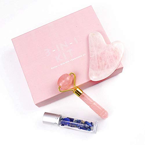 bobotron Rodillo de jade de cuarzo rosa para gua sha y masaje facial, herramienta para levantar la cara, guasha masaje con piedras preciosas