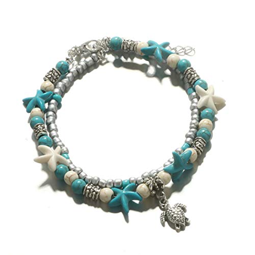 Bohend Boho Tortuga Playa Tobillera Plata Multicapa Tobillo Pulsera Turquesa estrella de mar Tobilleras Grano Ajustable Cadena de pie Jewelty Para Mujeres Y Chicas