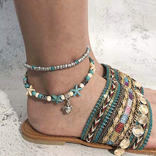 Bohend Boho Tortuga Playa Tobillera Plata Multicapa Tobillo Pulsera Turquesa estrella de mar Tobilleras Grano Ajustable Cadena de pie Jewelty Para Mujeres Y Chicas