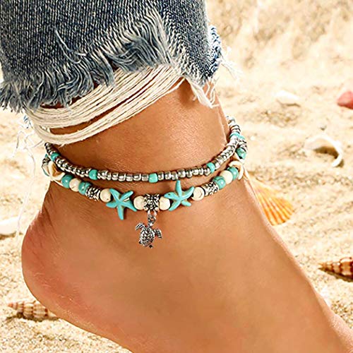 Bohend Boho Tortuga Playa Tobillera Plata Multicapa Tobillo Pulsera Turquesa estrella de mar Tobilleras Grano Ajustable Cadena de pie Jewelty Para Mujeres Y Chicas