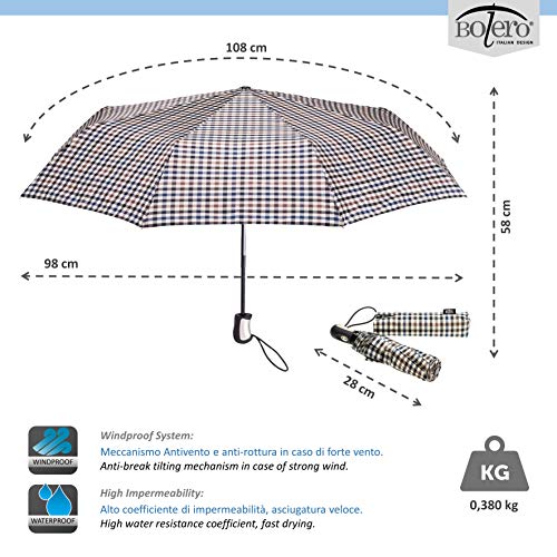 BOLERO Paraguas Portátil Mini Plegable Grande, Antiviento y Automático - Apertura y Cierre Automático - Windproof - Tejido Yanday Filato