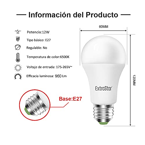 Bombilla LED E27, 12W (equivalente a 96W), 960lm,6500K luz fría - 6 unidades [Clase de eficiencia energética A+] (6500K)
