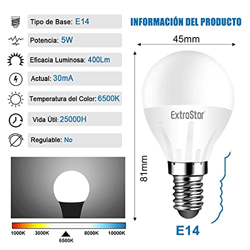 Bombillas LED E14, 5W Equivalente a 40W, Luz Fría 6500K, 400 Lúmen, Bajo Consumo, No regulable, 6 pcs