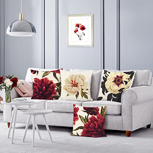 Bonhause Juego de 4 Funda de Cojín 45x45cm Flores de Peonía Roja y Beige Poliéster Lino Fundas de Almohada para Cojines Decorativos para Sofá Cama Coche Hogar