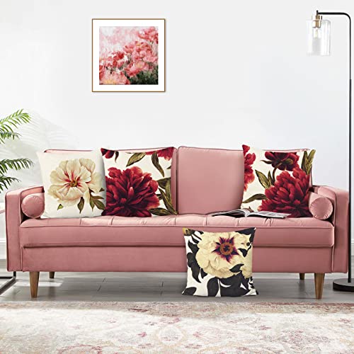 Bonhause Juego de 4 Funda de Cojín 45x45cm Flores de Peonía Roja y Beige Poliéster Lino Fundas de Almohada para Cojines Decorativos para Sofá Cama Coche Hogar