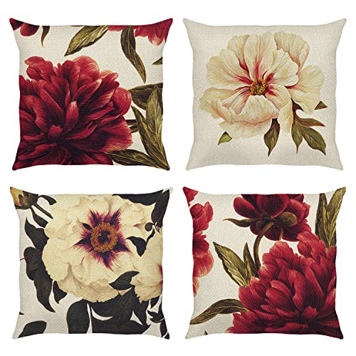 Bonhause Juego de 4 Funda de Cojín 45x45cm Flores de Peonía Roja y Beige Poliéster Lino Fundas de Almohada para Cojines Decorativos para Sofá Cama Coche Hogar