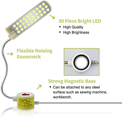 Bonlux 2-Unidades 30 LEDs 2W 180LM Lámpara Luz Fría para Máquina de Coser, con Cuello de Cisne Flexible, Base Magnética de Montaje, Luz para Trabajo Taller, Trabajos Artesanales o Manuales