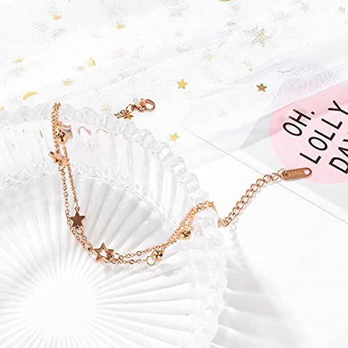 Boonee Tobillera de oro rosa para mujer, de titanio y acero inoxidable, con colgante de estrella, cadena doble para el pie con bolas para mujeres