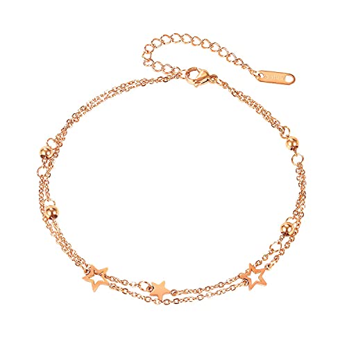 Boonee Tobillera de oro rosa para mujer, de titanio y acero inoxidable, con colgante de estrella, cadena doble para el pie con bolas para mujeres