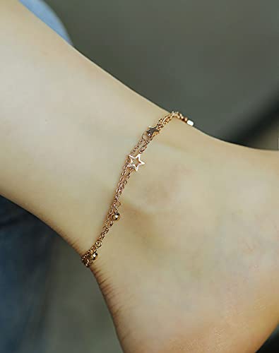 Boonee Tobillera de oro rosa para mujer, de titanio y acero inoxidable, con colgante de estrella, cadena doble para el pie con bolas para mujeres