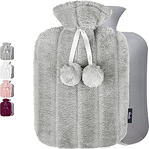 Botella de Agua Caliente con Cubierta Suave 1.8L Bolsa de Agua Grande, Caliente para el Dolor de Alivio Calambres Pies de Espalda Pies Menstrual Calambres con Cubierta Premium Linda,Grey