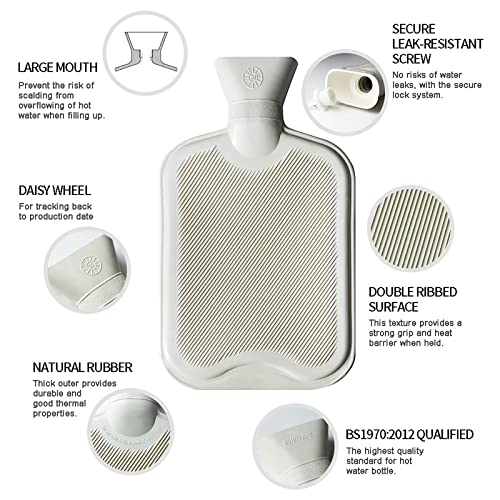 Botella de Agua Caliente con Cubierta Suave 1.8L Bolsa de Agua Grande, Caliente para el Dolor de Alivio Calambres Pies de Espalda Pies Menstrual Calambres con Cubierta Premium Linda,Grey