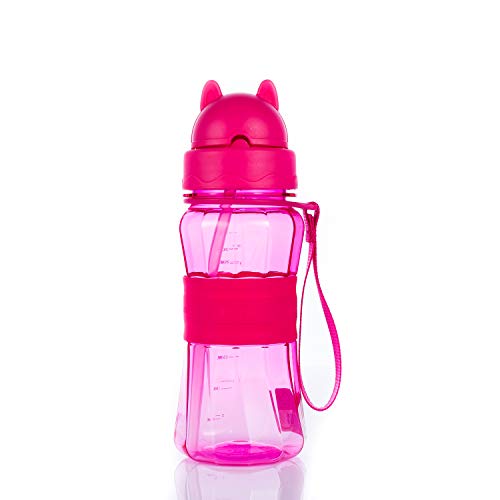 Botella de Agua Niños y Niñas Sin BPA Tritan Botella de Agua Deporte con Pajita y correa para Infantil, Escuela, Corrida, Senderismo y Actividades al Aire (Rosa-1)