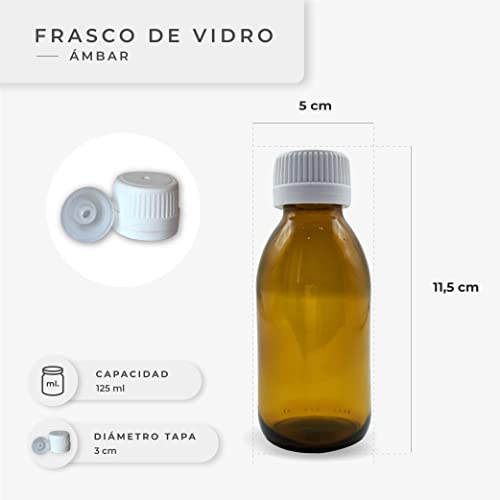 Botellas de vidrio para laboratorio de 125ml / Pack de 15 botes de farmacia en cristal ambar oscuro con tapon gotero frascos con precinto de seguridad