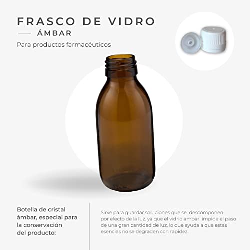 Botellas de vidrio para laboratorio de 125ml / Pack de 15 botes de farmacia en cristal ambar oscuro con tapon gotero frascos con precinto de seguridad