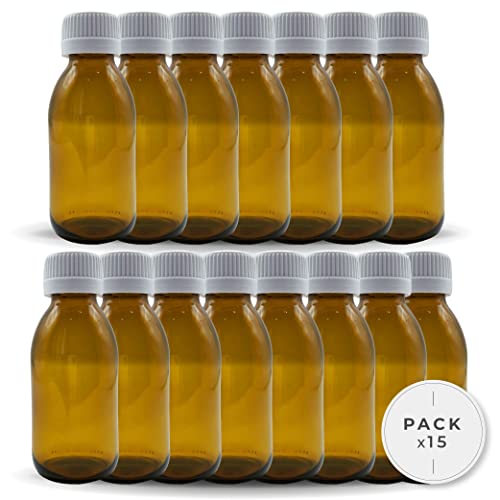 Botellas de vidrio para laboratorio de 125ml / Pack de 15 botes de farmacia en cristal ambar oscuro con tapon gotero frascos con precinto de seguridad