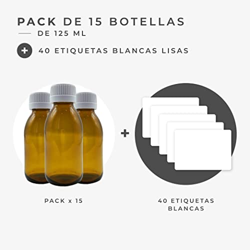 Botellas de vidrio para laboratorio de 125ml / Pack de 15 botes de farmacia en cristal ambar oscuro con tapon gotero frascos con precinto de seguridad