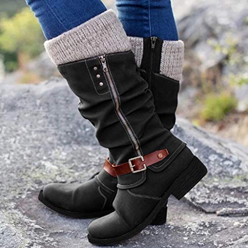 Botines de mujer casuales con tacón bajo, cómodos, de ante antideslizante, para invierno, botas para la nieve, Negro , 38 EU