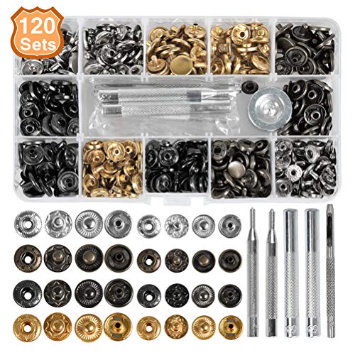 Botones Presion Metalicos 120Set Corchetes Presion Metal Artesanía + 6PCS Herraminetas, Remaches para Cuero, Botones Automáticos, Botones Metálicos Presión 10MM/12,5MM para YANSHON Ropa, Jeans, Bolsos