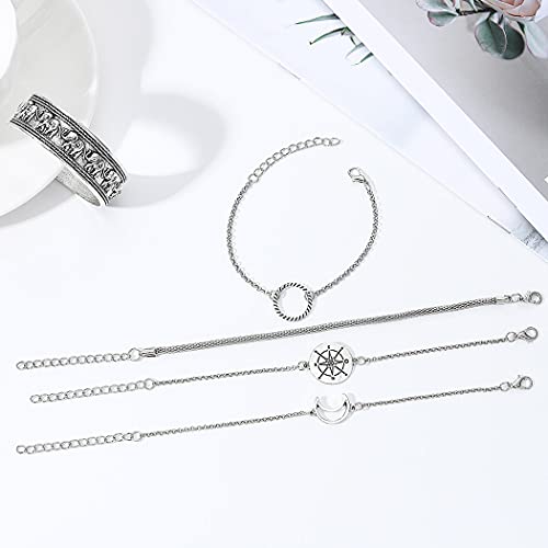 Branets - Juego de pulseras de elefante en capas, estilo bohemio, plateado, con círculo, luna, brújula, cadena de mano, joyería para mujeres y niñas (5 piezas)