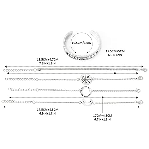Branets - Juego de pulseras de elefante en capas, estilo bohemio, plateado, con círculo, luna, brújula, cadena de mano, joyería para mujeres y niñas (5 piezas)