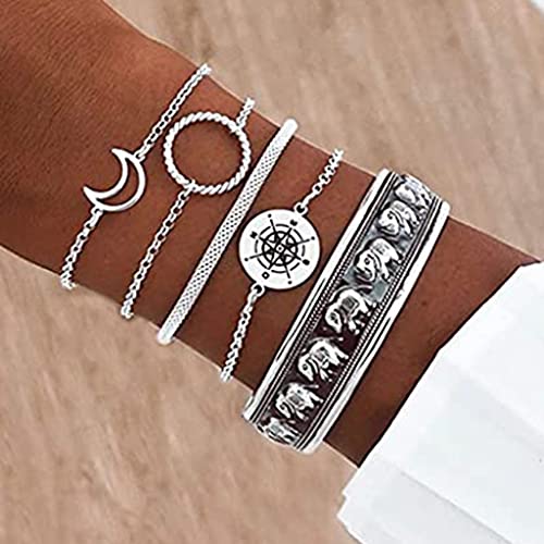 Branets - Juego de pulseras de elefante en capas, estilo bohemio, plateado, con círculo, luna, brújula, cadena de mano, joyería para mujeres y niñas (5 piezas)