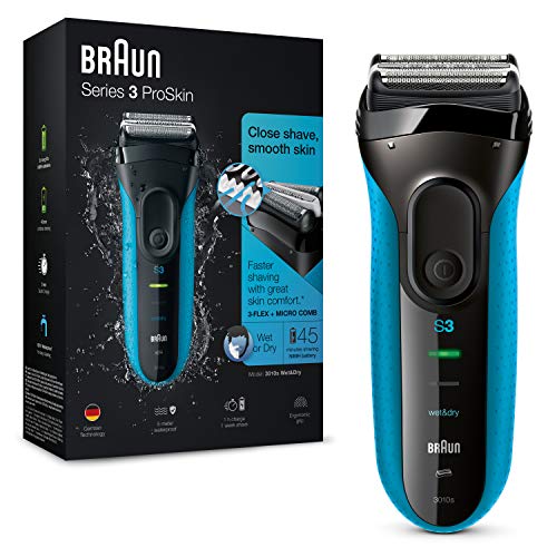 Braun Series 3 Afeitadora Eléctrica Hombre ProSkin, Máquina de Afeitar Barba para Uso en Seco y en Mojado, Inalámbrica, Recargable, 3010 S, Azul/Negro