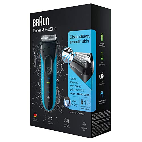 Braun Series 3 Afeitadora Eléctrica Hombre ProSkin, Máquina de Afeitar Barba para Uso en Seco y en Mojado, Inalámbrica, Recargable, 3010 S, Azul/Negro