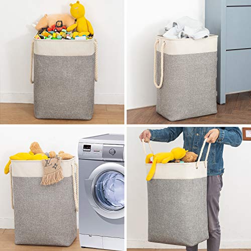 BrilliantJo 78L Cesto de la Ropa Sucia Grande, Cubo de la Ropa Sucia Plegable con Asas de Cuerda Contenedor de Almacenamiento Adecuado para el Dormitorio Lavadero Baño 60 x 42 x 31 cm Beige+Gris