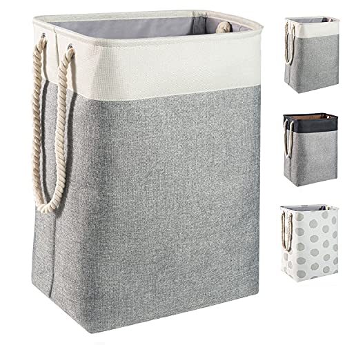 BrilliantJo 78L Cesto de la Ropa Sucia Grande, Cubo de la Ropa Sucia Plegable con Asas de Cuerda Contenedor de Almacenamiento Adecuado para el Dormitorio Lavadero Baño 60 x 42 x 31 cm Beige+Gris