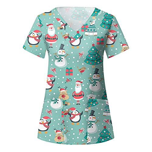 Briskorry Casaca para mujer de Navidad, multicolor, con dos bolsillos, manga corta, talla grande, ropa de trabajo, uniforme de enfermería, Blanco, S