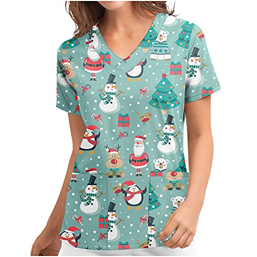 Briskorry Casaca para mujer de Navidad, multicolor, con dos bolsillos, manga corta, talla grande, ropa de trabajo, uniforme de enfermería, Blanco, S