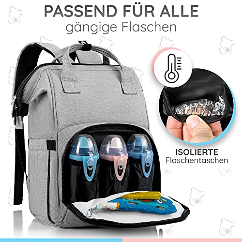 Brombär Mochila para pañales en color gris con ganchos para cochecito y muchos compartimentos.