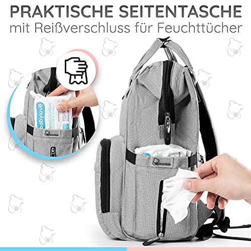 Brombär Mochila para pañales en color gris con ganchos para cochecito y muchos compartimentos.