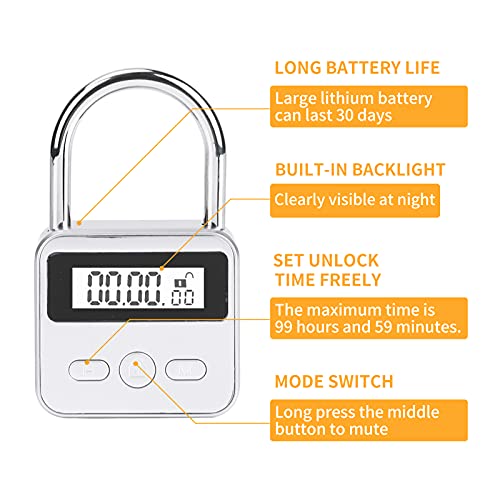 Brynnl Smart Time Lock 99 horas de bloqueo de tiempo máximo con pantalla LCD Candado de seguridad recargable USB Bloqueo de temporizador electrónico de metal resistente (Plata)