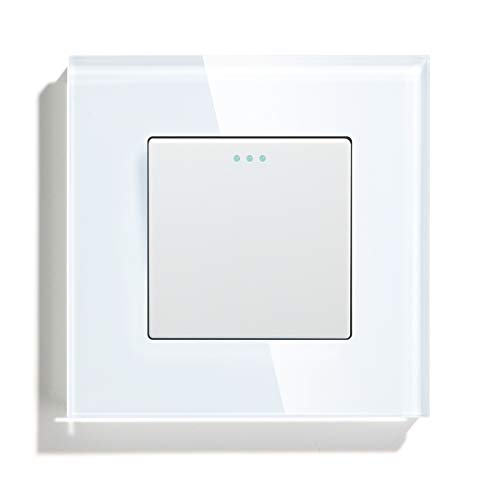 BSEED Interruptor de luz 1 Gang 1 Vía,Interruptor conmutador con marco de cristal,10 Amp Blanco Interruptor de luz de botón pulsador,Interruptor de palanca 86mm