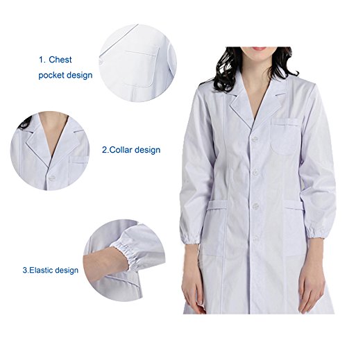 BSTT Mujer Bata de Laboratorio Blanco Uniformes de Trabajo Nueva Mejora Mangas elásticas Delgado S